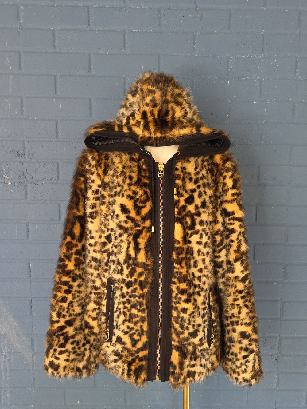 Pamela Mccoy Animal Print Leopard Faux Fur Coat Hooded Womens Size M